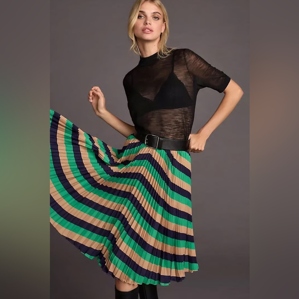 Maeve by Anthropologie Striped Pleated Midi Skirt NWT